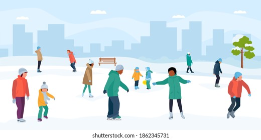 Ice Skaters Having Fun In Park. Crowd Of People At The Rink. Vector Flat Cartoon Illustration