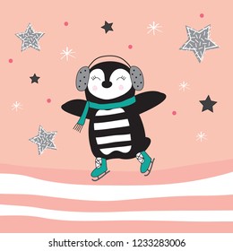 ice skaters penguin vector illustration, cute penguin on winter background