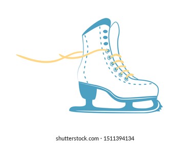 Ice Skates With Bright Laces. White Classic Figure Skate In Line Style. Winter Sport Equipment Logo. Side View. Vector Illustration Isolated On White Background.