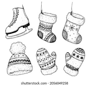 Ice Skates, Christmas socks, Scandinavian warm hat and mittens. Hand drawn sketch. Vector illustration.