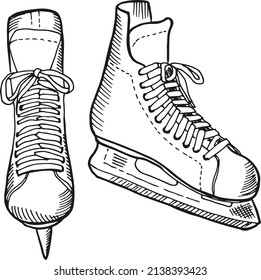 Ice skates drawing. Boots with sharp blades in hand drawn style