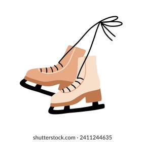 Ice skates for figure skating. Skaters shoes on blades, tied shoelaces, laces. Winter rink boots for snow sport, activity. Flat vector illustration isolated on white background