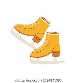 Ice Skates flat icon on white isolated background. A pair of bright yellow ice skates. Winter cartoon illustration.