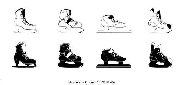 ice skates glyph icons - figure, fitness, Racing, hockey. Type of ice skate boots. Winter sport equipment logo in black outline style. Vector Illustration isolated on white background.