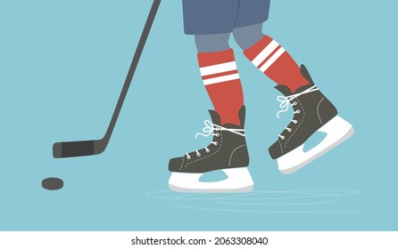 Patines de hielo. Jugador de hockey con palo y disco. Patinaje sobre hielo en pista. Diapositivas. Estilo de vida activo. Deportes de invierno, ocio masculino activo. Formación. Actividad al aire libre. Dibujo vectorial plano aislado por color