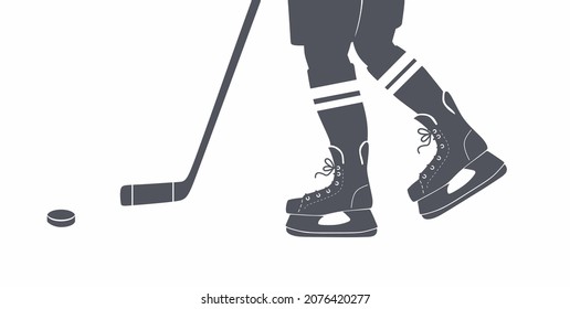 Ice skates. Hockey player with stick and puck.SVG.Silhouette.Man Ice skating on rink.Slides. Active lifestyle.Winter sport, active leisure. Training.Outdoor activity. Isolated flat vector illustration