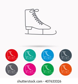 Ice skates icon. Figure skating equipment sign. Professional winter sport symbol. Linear icons in circles on white background.