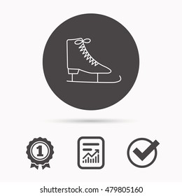 Ice skates icon. Figure skating equipment sign. Professional winter sport symbol. Report document, winner award and tick. Round circle button with icon. Vector