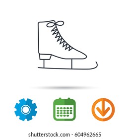 Ice skates icon. Figure skating equipment sign. Professional winter sport symbol. Calendar, cogwheel and download arrow signs. Colored flat web icons. Vector