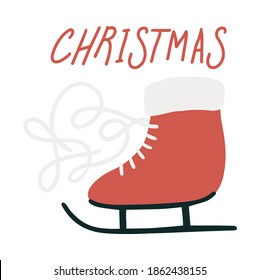 Ice skates with laces and lettering christmas. Ice skating boot, figure skating. Winter holiday activities. Winter sport equipment. Logo, icon design. Flat hand drawn vector. Doodle style.