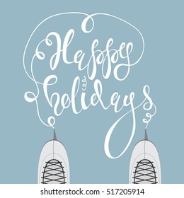 Ice skates and lettering "Happy Holidays". Hand drawn vector illustration on a blue background. Handwritten.