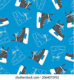 Men’s Ice skates. Outline seamless pattern. Background. Ice skating slides. Active lifestyle. Winter sport. Male leisure. Outdoor activity. Hockey equipment. Color flat vector illustration. Isolated  