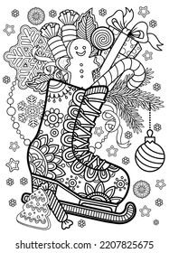 Ice skates with pattern in a mandala style with gifts from Santa. Vector coloring book for adults, and Christmas design