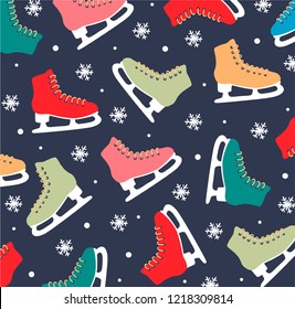 Ice skates patterns with snowflakes. Christmas and new year element, poster for your design. 