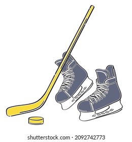 Ice skates for playing hockey. Stick, puck. Hockey equipment. Flat design on a white background. Yellow accessories for hockey. Grey men's skates Vector illustration isolated on a white background.