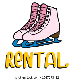 Ice skates rental point. Rental poster for winter rink business. Vector isolated on white background. Inscription for poster, booklet, banners, flyer, promotions, advertising.