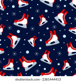 Ice skates seamless pattern. Winter sports vector illustration. Cute ice skate on a dark background. Outdoors repeated texture. Winter skating activities template wallpaper. Cartoon childish print.