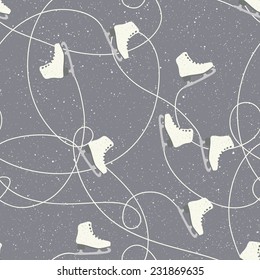 Ice skates seamless patterns with snowflakes and snow background