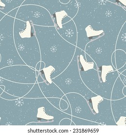 Ice skates seamless patterns with snowflakes and snow background