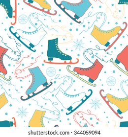 Ice skates seamless patterns with snowflakes and snow background. Hand drawn colorful backdrop for figure sport design. Skating on the ice. Skating pattern.