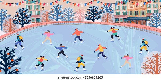 Ice skates. Ice skating on the ice rink. Vector illustration of winter sport, people skating in the city park on vacation on weekend, trees, nature for poster, background or banner