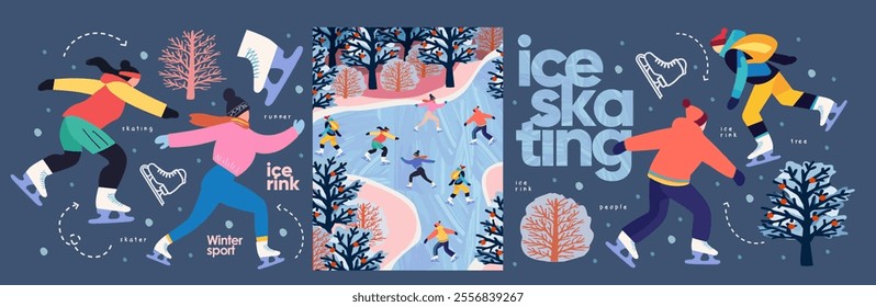 Ice skates. Ice skating on the ice rink. Vector illustration of winter sport, people skating in the park on vacation on weekend, trees, nature for poster, background or flyer