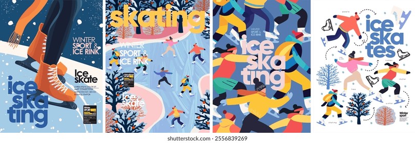 Ice skates. Ice skating on the ice rink. Vector illustration of winter sport, people skating in the park on vacation on weekend, trees, nature for poster, background or flyer