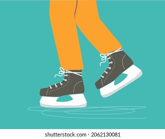 Ice skates. Slides. Man Ice skating on rink. Legs in color sports pants. Active lifestyle. Winter sport, active male leisure.Training. Outdoor activity. Hockey. Color Isolated flat vector illustration