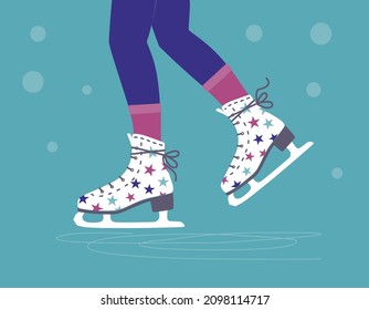 Ice skates. Slides. Women's ice skating on rink. Figure skating. Legs in red tights and green knitted leg warmers.Winter sport active female leisure. Outdoor activity.Isolated flat vector illustration