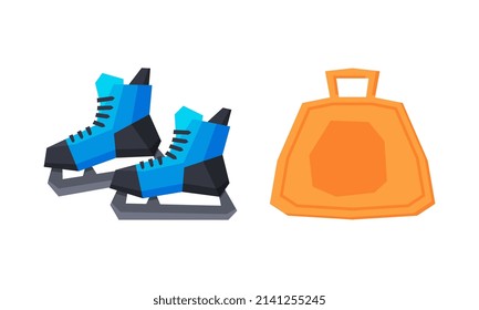 Ice Skates and Snow Saucer for Downhill Sliding and Surface Gliding Vector Set