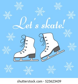 Ice skates and snowflakes vector illustration hand drawn doodle. Winter holiday background with figure skates.