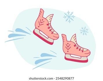 Ice skates. Vector cartoon illustration with pink skates on blue ice. Isolated items ice skating, winter sports. Hand-drawn skates