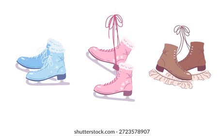 Ilustrações de vetor de patins de gelo. Botas de patinação artística, esportes de inverno ativos. Patins de gelo puxados à mão isolados