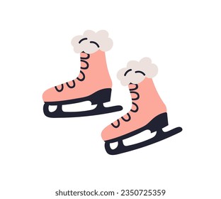 Ice skates, women winter shoes on blades. Skaters boots pair with fur for figure skating in retro vintage style. Flat vector illustration isolated on white background