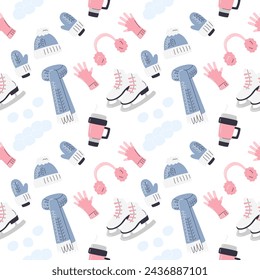 Ice skating boots and furry headphones design. Outdoor activity square pattern isolated. Sport and recreation seamless print. Seasonal repeated background. Winter hand drawn flat vector illustration