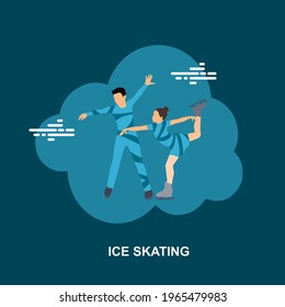 Ice skating with boy and girl doing dance on blue background flat concept design