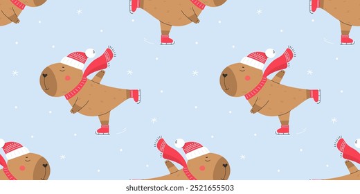 Ice skating capybara seamless vector pattern