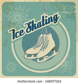 Ice skating card in retro style. Winter sport and recreation