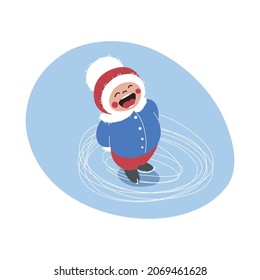 Ice skating character. The kid in a winter hat with a pompom laughs happily. Top view of a child on ice. Illustration in the style of cartoon graphics