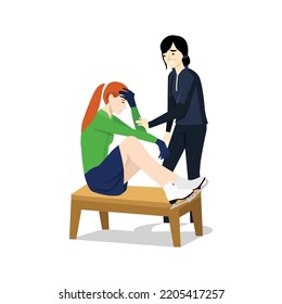 Ice skating coach and athlete girl communicating before show. Positive communication of multinational friends. People conversation. Flat vector illustration isolated on white background