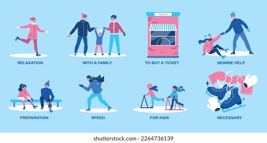 Ice skating compositions set with speed and help symbols flat isolated vector illustration