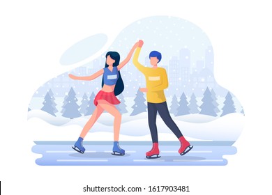 Ice Skating concept with character. Can use for web banner, mobile app, hero images. Flat vector illustration on white background.