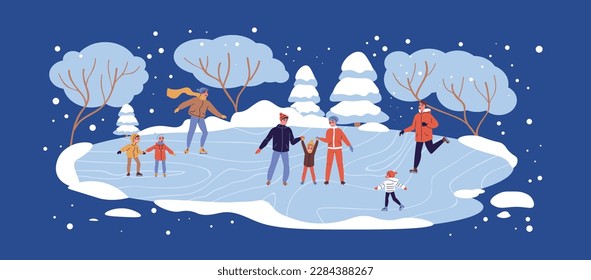 Ice skating concept with outdoor sport symbols flat vector illustration