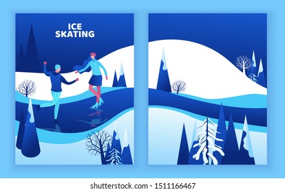 Ice skating couple, 3d isometric people, vector winter sport family, man and girl riding skate, simple skater, skating rink, outdoor snow games, minimal cartoon characters