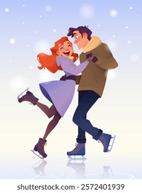 Ice skating couple have fun and dancing. Romantic snowy winter. Ice rink with glowing snowflakes. Pair figure skating. Boyfriend and girlfriend in Love. Wintry atmosphere. Cartoon vector illustration