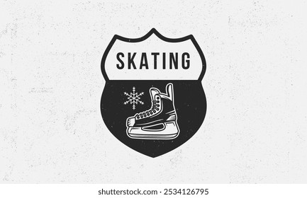 Emblema de patinaje sobre hielo. Cartel vintage de moda con patines de hielo. Textura grunge. Ilustración vectorial