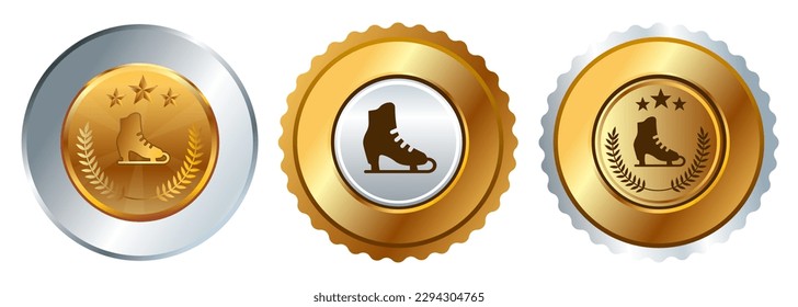 ice skating figure skate shoes icon emblem medal medallion in golden silver shiny vector graphic illustration