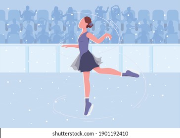 Ice patinaje sobre hielo de color plano, ilustración vectorial. Mujer hermosa mostrando sus habilidades en una gran pista de hielo. Magníficos personajes de dibujos animados en 2D con un estadio lleno de gente gritando sobre el fondo