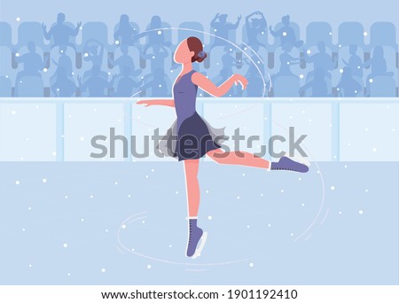 Ice skating flat color vector illustration. Beautiful woman showing her skills on big ice rink. Goregous performer 2D cartoon characters with stadium fulled with shouting people on background