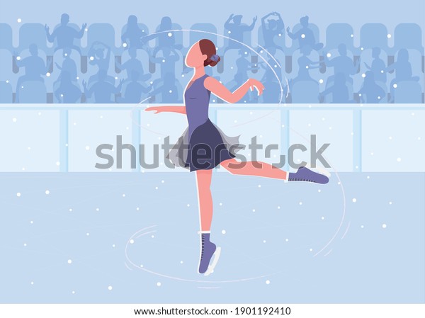 Ice skating flat color vector illustration.
Beautiful woman showing her skills on big ice rink. Goregous
performer 2D cartoon characters with stadium fulled with shouting
people on background